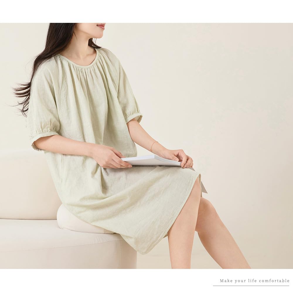Cotton Double Gauze Pajama and Size Green [Yes family] Women's 100% Dress, Knee-Length, Summer, Flattering, Stylish, Elegant, LL,