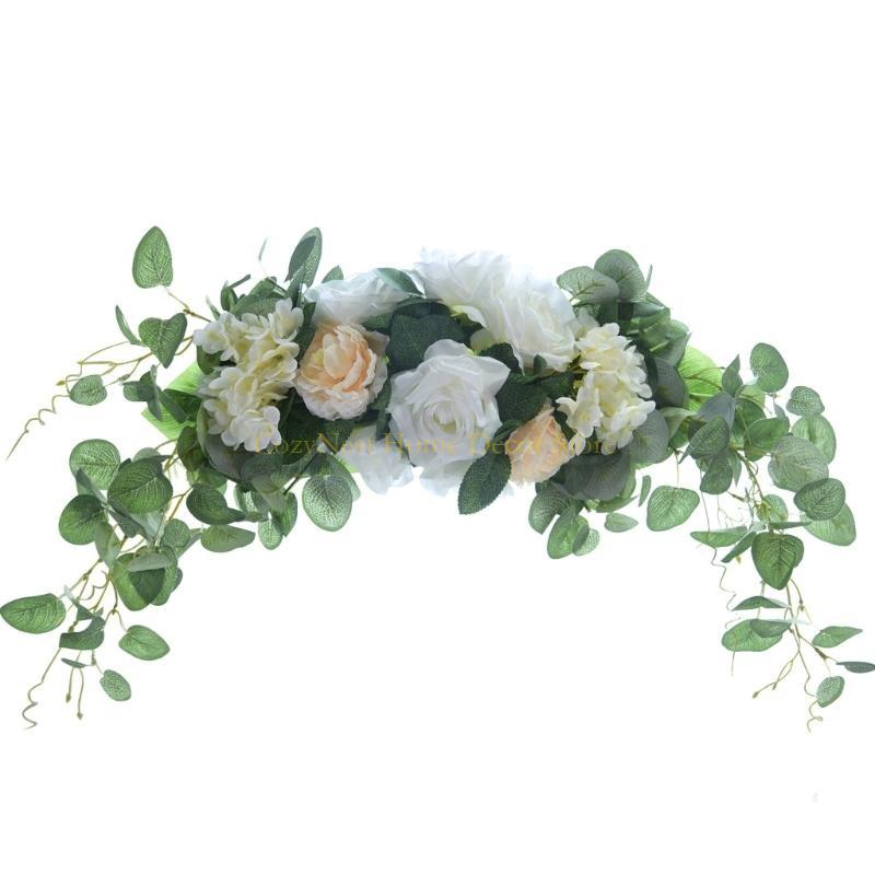 

92MF Handmade Wedding Wreath Featurings Green and Artificial Rose Wall Hanging Ornament Perfect for Springtimes Decorations білий