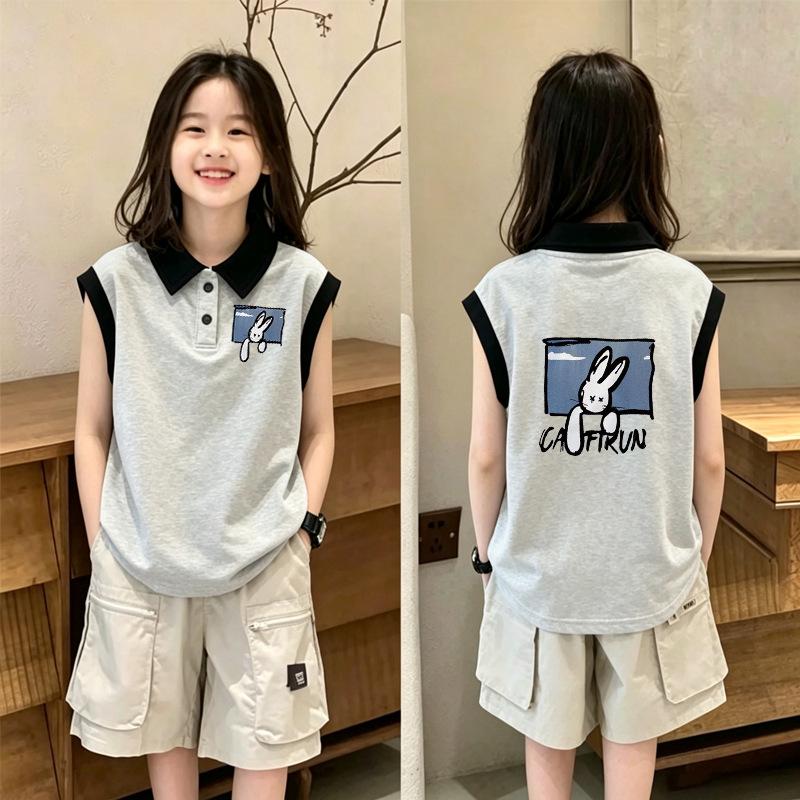 Korean Style Girls' Cotton Color Block Polo Vest - Summer 2026 Children's Sleeveless Patchwork Top