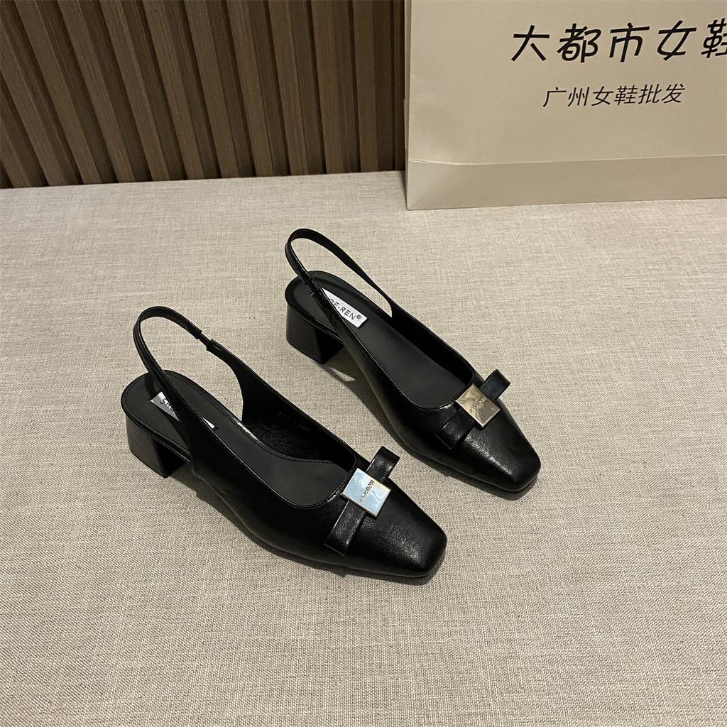 French High-end Square Head Thick Heel Bag Head Sandals 2025 New Bow Light Mouth Single Shoes Women