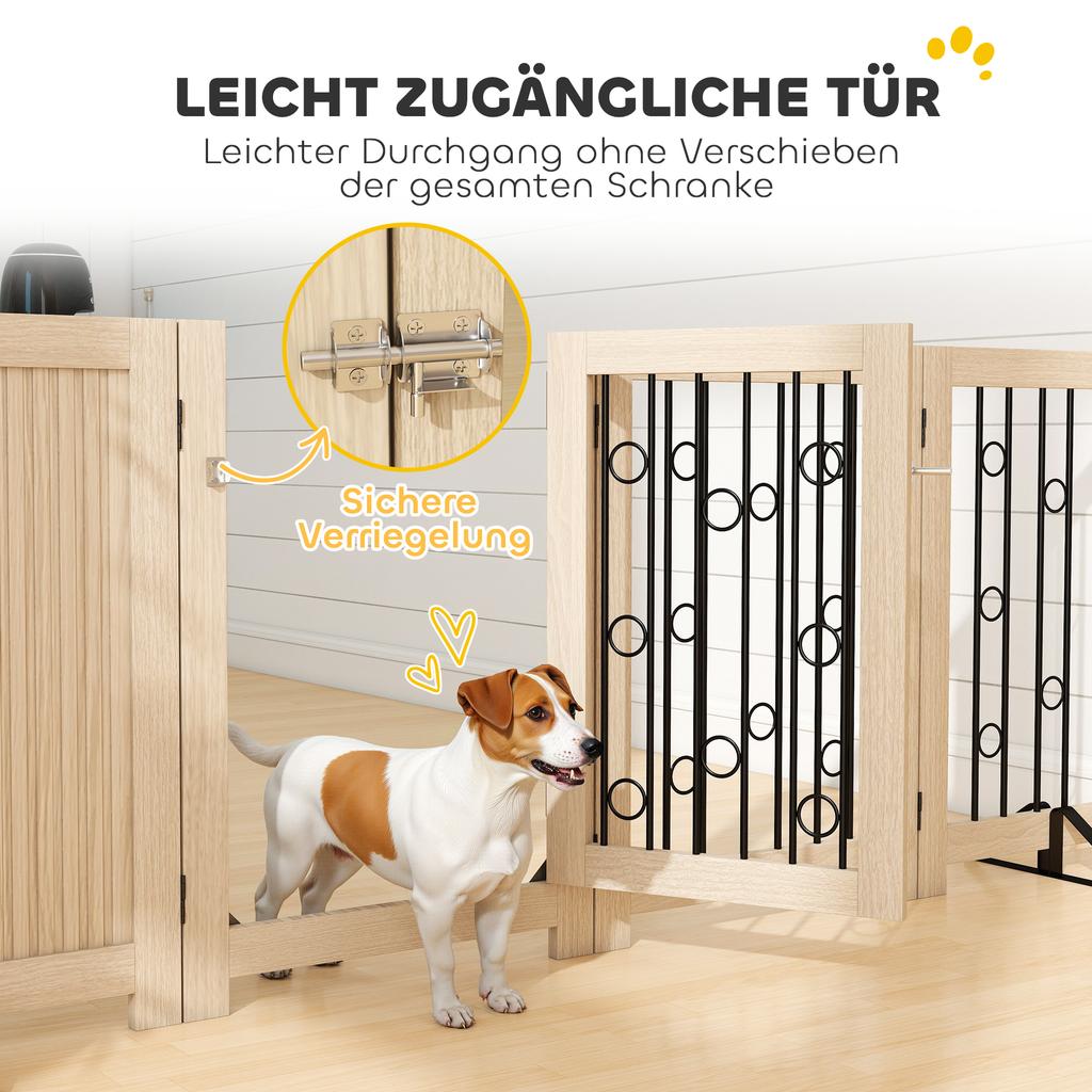 4 Panel Freestanding Pet Gate, Indoor Dog Barrier with Lockable Door, Support Feet, 360 Degrees Flexible Hinges, Oak