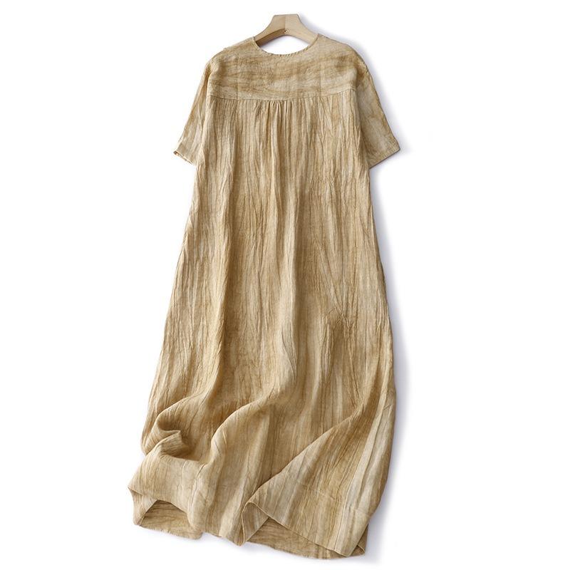 Real Shot Summer New Cotton and Linen Literary and Retro Medium and Long Short-sleeved Dress Women