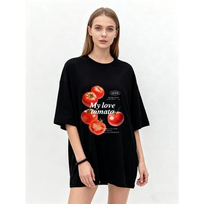 Übergroßes T-Shirt Schwarzer Tomaten-Print Mit My Love Tomaten Text Freizeitkleidung für Damen Sommer-Outfits Streetwear-Mode Trendiges Oberteil