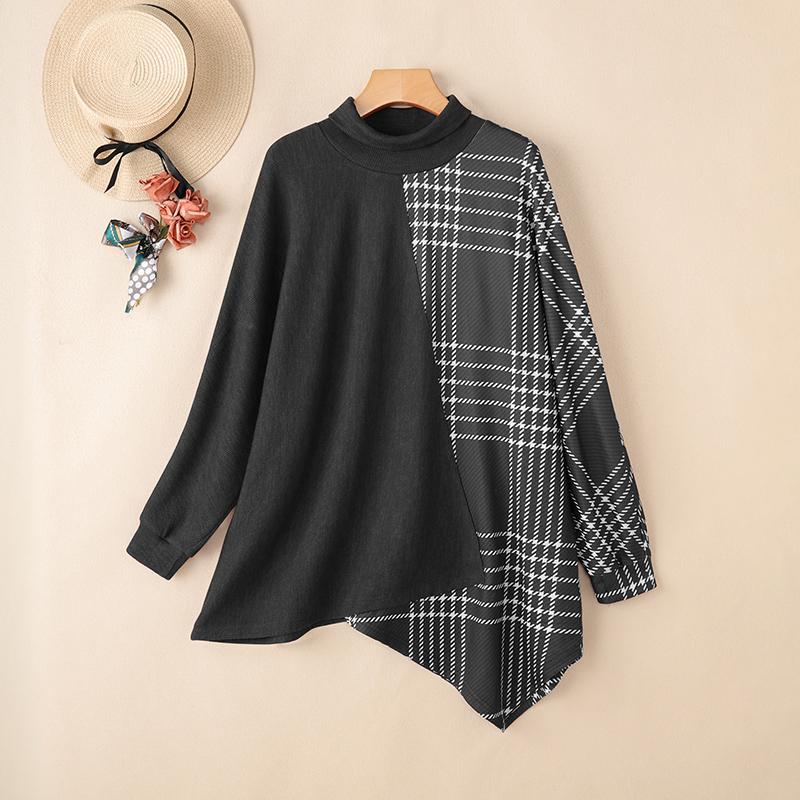 ZANZEA Women Stand Collar Long Sleeve Plaid Print Patchwork Irregular Pullover Tops