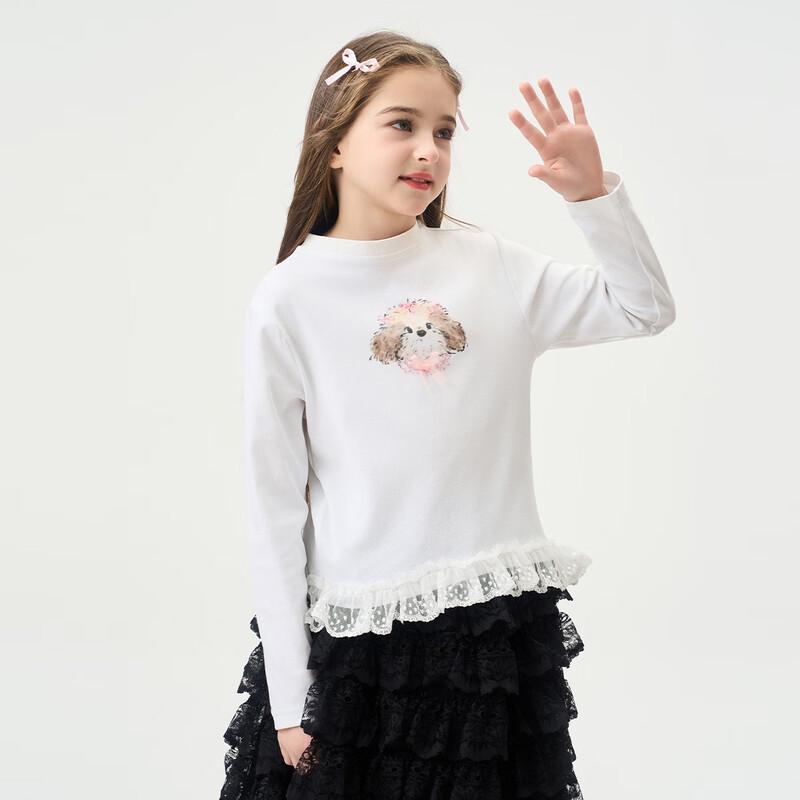 Girls  Puppy Embroidery Sweatshirt with Lace Trim 130