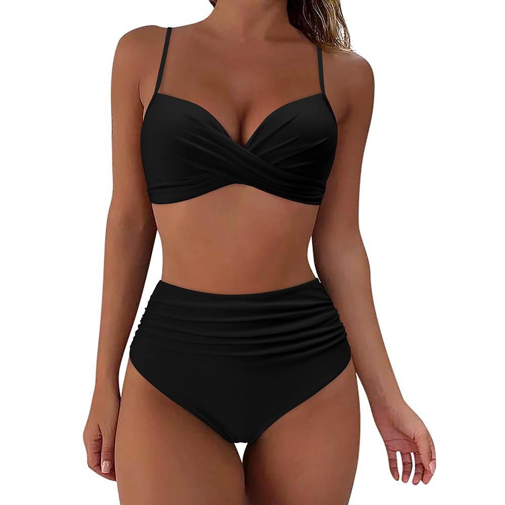 Costume da Bagno Donna Colore Unico Pieghettato Vita Alta Sexy Bikini Tankini Abbigliamento da Spiaggia