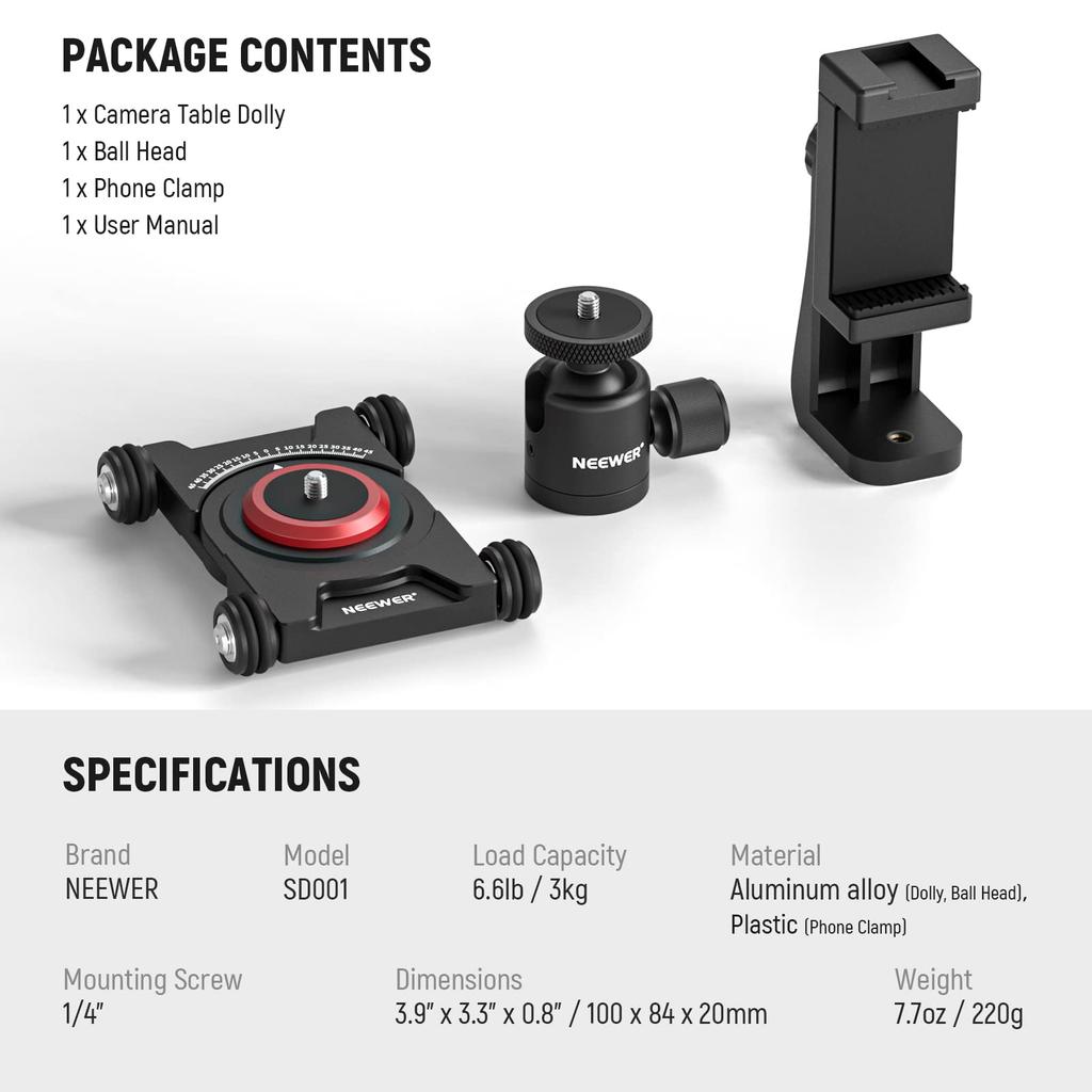 NEEWER Camera Slider Dolly with Ball Head Smartphone Tabletop Manual Mirrorless Mini Android SD001 & Clamp, 4-Wheel Dolly, Skater, 360° Panorama,