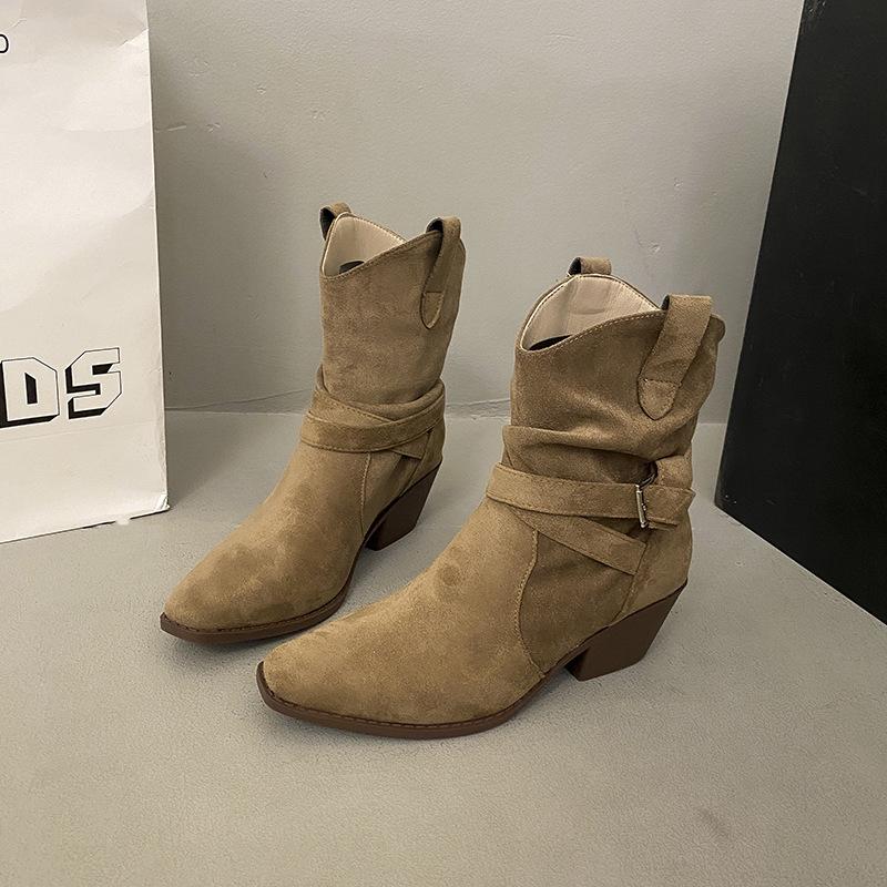 Vintage Suede V-mouth Western Cowboy Boots Women's High Heel Pointed Middle Boots Belt Buckle Stacking Boots