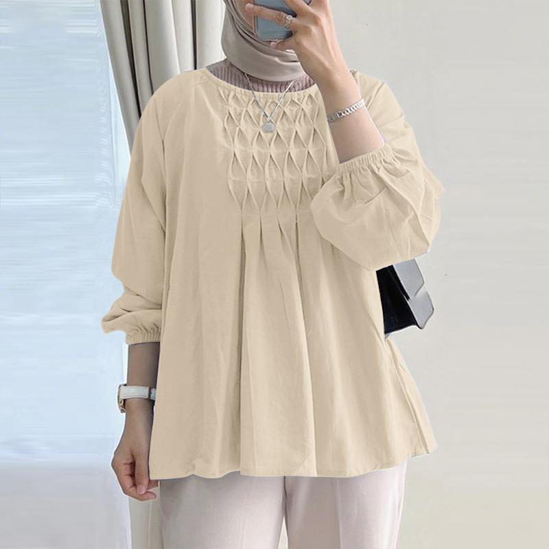 

ZANZEA Женская повседневная однотонная блузка с круглым вырезом и длинным рукавом 4XL абрикосовый