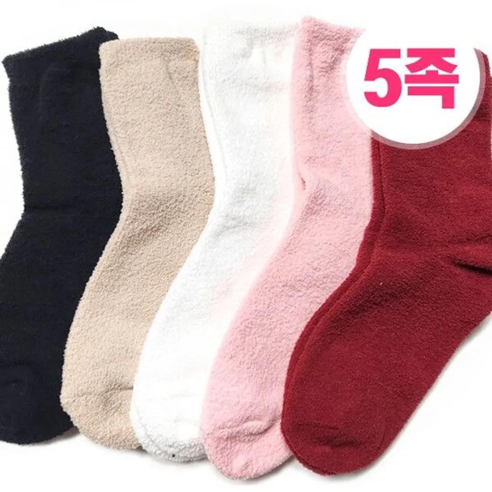 [J.Cotton] Korean-Made Warm, Non-Compression Sleep Socks, Soft & Dry Winter Socks (5 Pairs) Women s solid color sleep socks