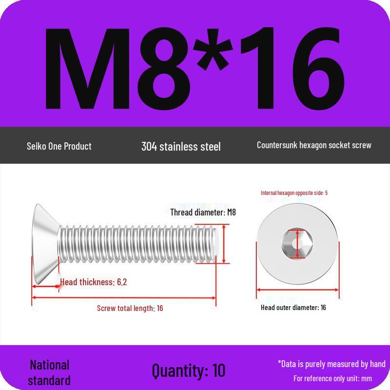 Complete Set of 304 Stainless Steel Countersunk Hex Socket Cap Screws, Flat Head Bolts, and Machine Screws (M2-M10)