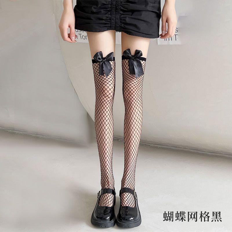 White Silk Bow Stockings For Women Japanese JK Over-the-knee Stockings Sexy Lace High Thigh Fishnet Stockings