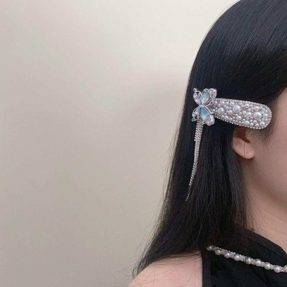 Pearls Butterfly Bang Clip Head Wear Rhinestone Side Clip Creative Tassel Hair Clip  Headwear