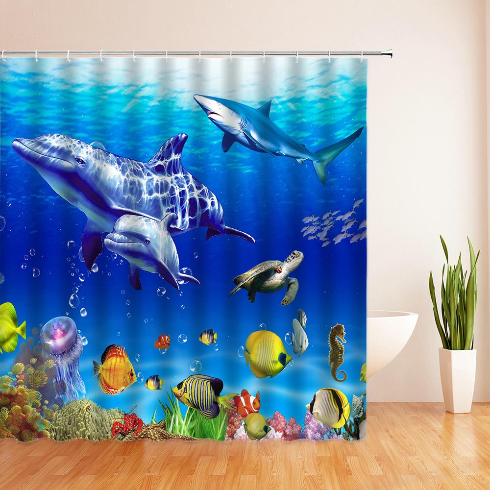

Ocean Colorful Fish Cartoon Shower Curtains Bathroom Curtain Waterproof Polyester Fabric Decor Bath Curtain 180*180Cm With Hooks W60H190(CM)-1 Pcs