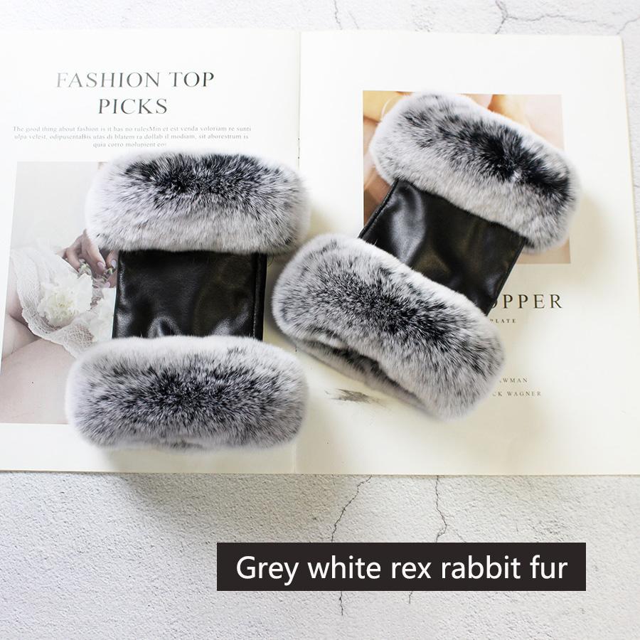 Fashionable New Sheepskin Fingerless Gloves Women's Black Leather Rabbit Fur Velvet Lined Winter Warm Short Half Finger Gloves
