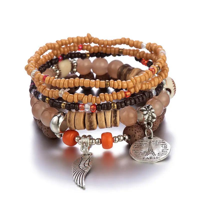 5Pcs Bohemian Colorful Rice Beads Bracelet Set For Women Eiffel Tower Wing Charm Elastic Bracelet Female Summer Vacation Jewelry