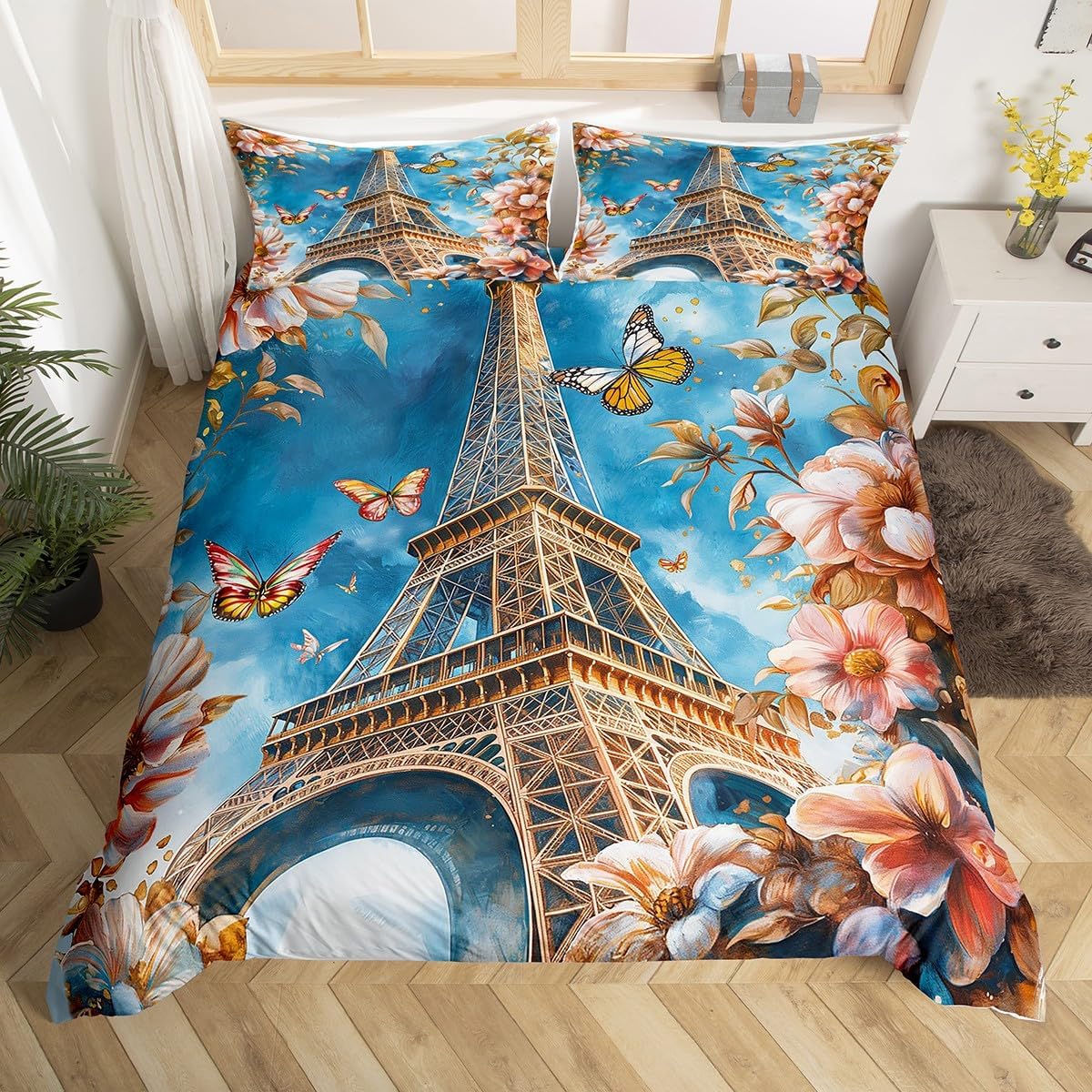 

Eiffel Tower Bedding Set Twin Queen Pink Cherry Blossom Duvet Cover Romantic Theme Butterfly Print Comforter Cover for Girl Boys EU Single(135x200cm)