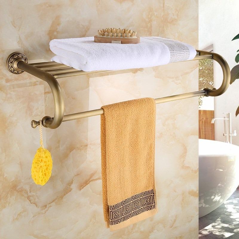 Solid Brass Carved Bathroom Wall Storage Towel Rack, European Antique Bath Towel Holder, Bathroom Hardware Accessory Set