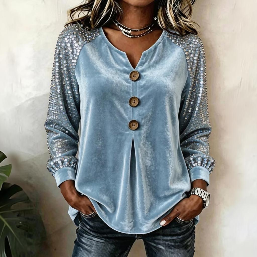 Women's V-Neck Long Sleeve Blouse with Sequins and Button Front for Casual Wear