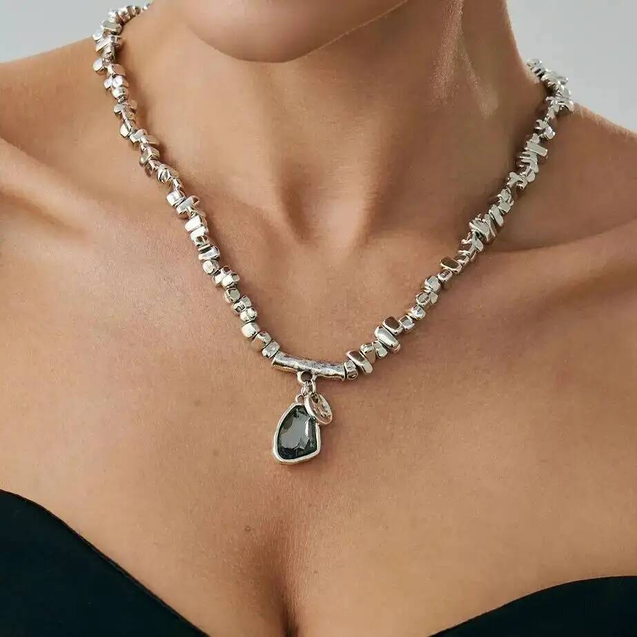 SHIXIN Elegant Sparkling Rhinestone Pendant Necklace Bracelet Jewelry Set for Women Minimalist Irregular CCB Bead Chain Choker