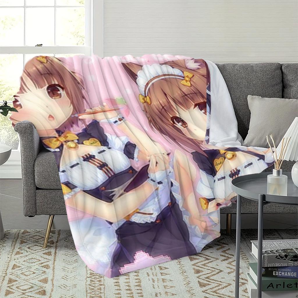 1pc Nekopara Azuki Anime Throw Blanket, Kawaii Cat Maid Girl Flannel Blanket, Soft Cozy Bedding for Bedroom, Anime Fan Gift,