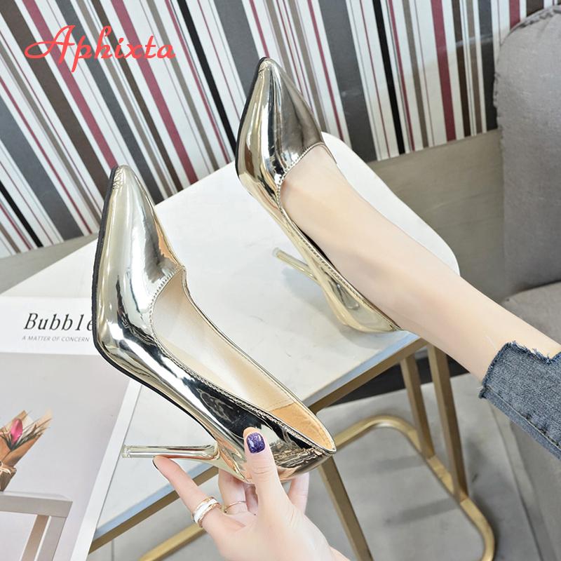 Fashion Aphixta 10cm Heels Women Pumps Shoes Pointed Toe Bling Gold Patent Leather Sexy Wedding Party Official Shoes Woman Big Size 48
