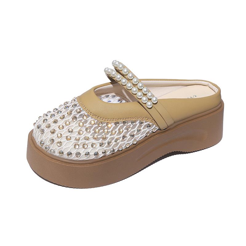 Thick-bottomed mesh breathable Mary Jane cool slippers women's 2025 summer pearl baotou half slippers