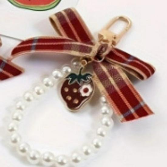 Vintage Plaid Bow Keychain with Strawberry Pearl Charm
