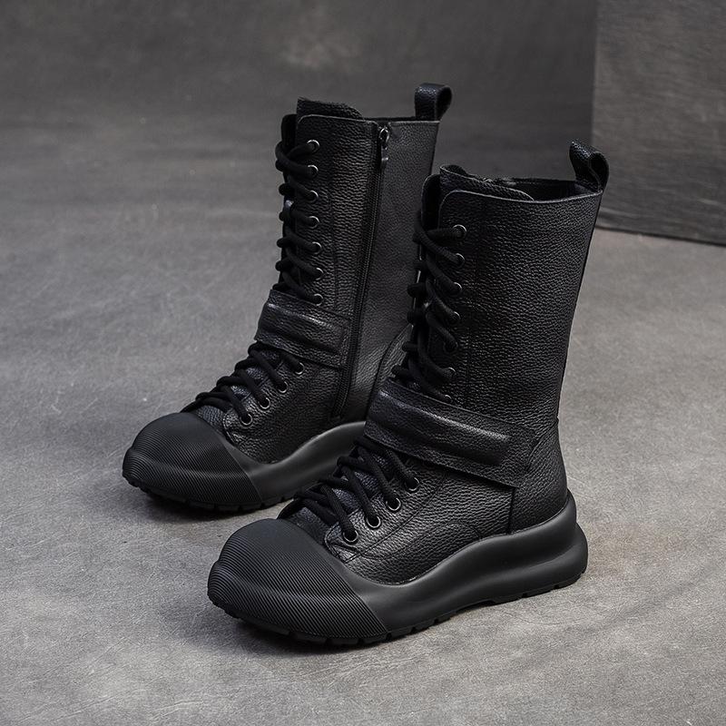 

Johnature Ретро Круглый носок Сапоги до середины икры Универсальная натуральная кожа Повседневная женская обувь 37 чёрный