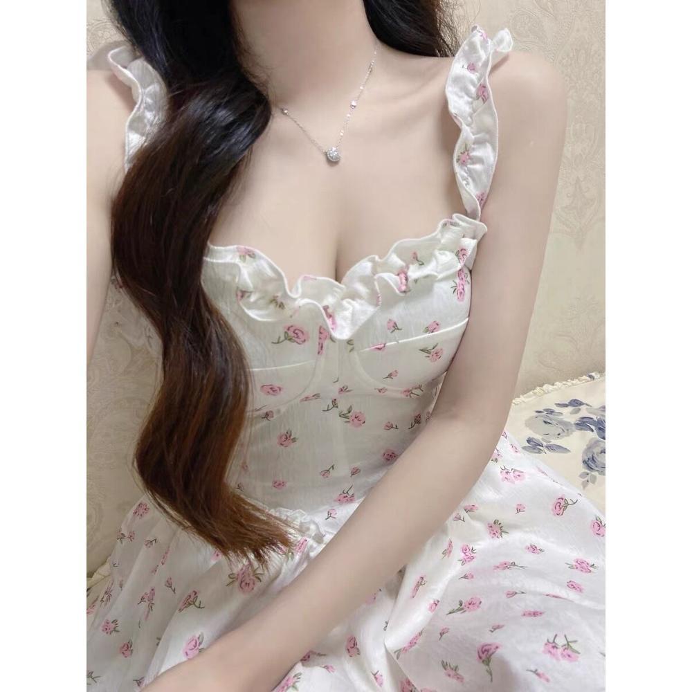 Small Woman Summer Waist Thin Puffy Short Skirt Lace Lace Splicing Floral Suspender Dress