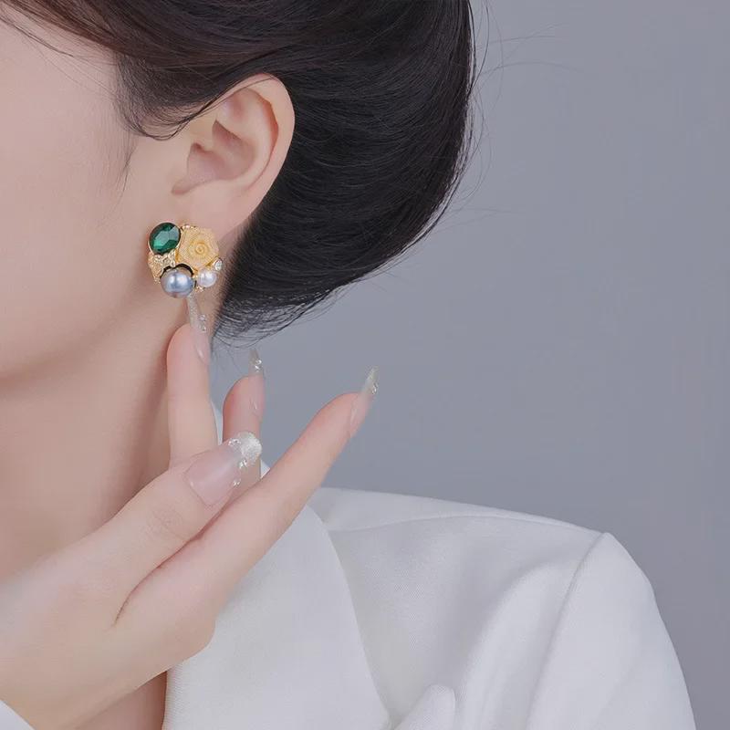 Exquisite Medieval French Rose Crystal & Pearl Flower Earrings