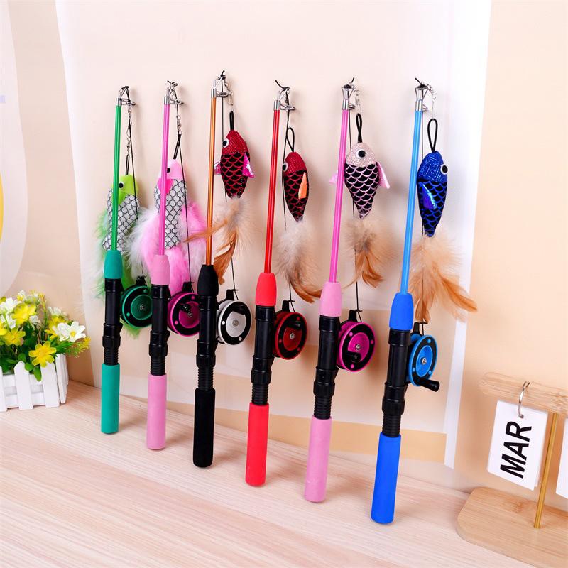 BOOTEELY Retractable Cat Toy Fish Type Telescopic Feathers Funny Cat Stick Toys Pet Toy for Kitten Rods Simulation Fishing Rod