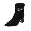 Korean version pointed thick heel belt decorative elastic thin boots large size autumn new black high heel suede short boots