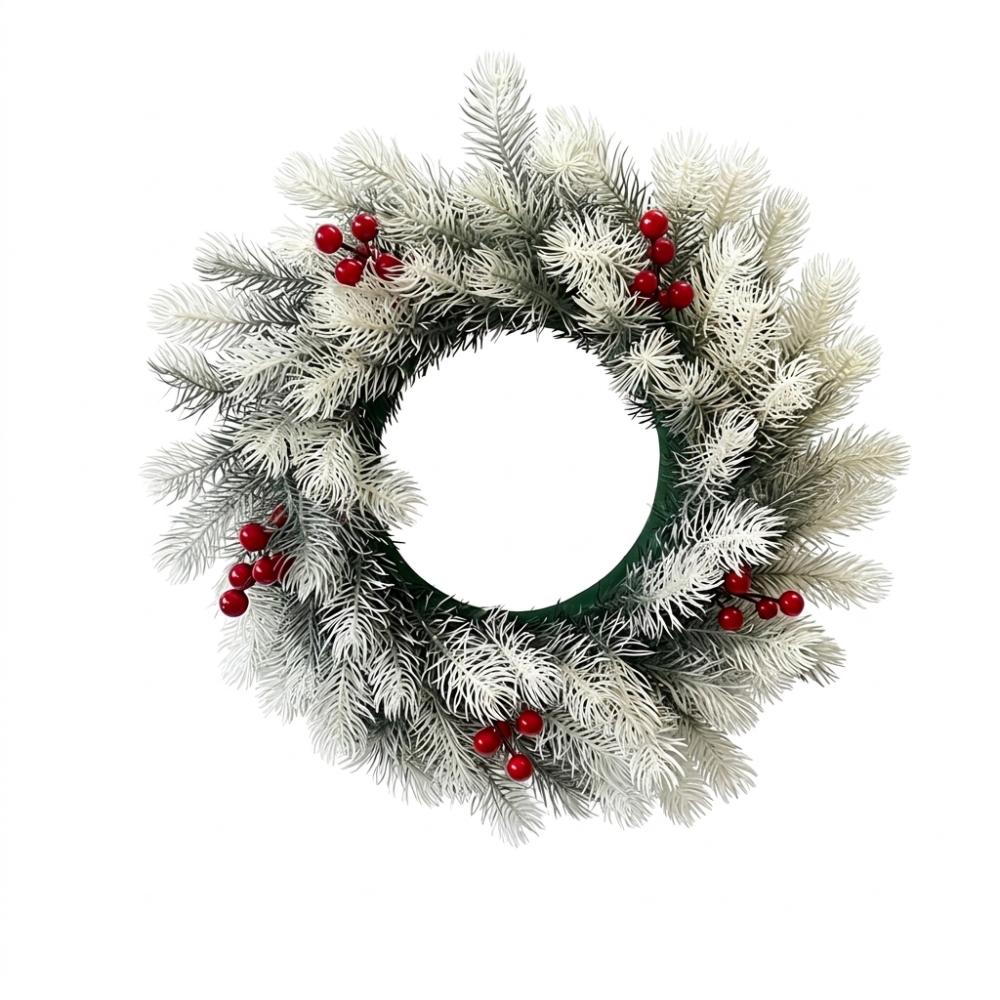 Snowy Christmas Pine Wreath Red Berries Plastic Frosted Pine Berry Wreath Evergreen Round Pine Needles Door Wreath
