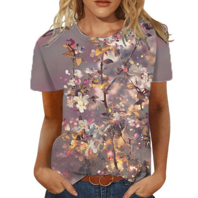 Summer Round Neck 3D Floral Pattern Printed Top Fashionable Casual Short Sleeved Women's T-shirt