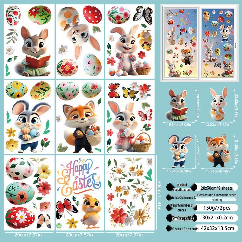 Cartoon Rabbit & Colored Eggs Static Cling Window Decor Stickers for Easter