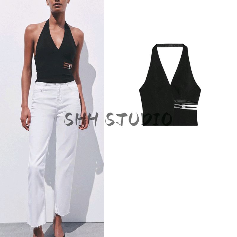 Spring and Summer New Women Clothes Western Style Metal Inlaid Opening Design Backless Hanging Collar Top 2926620