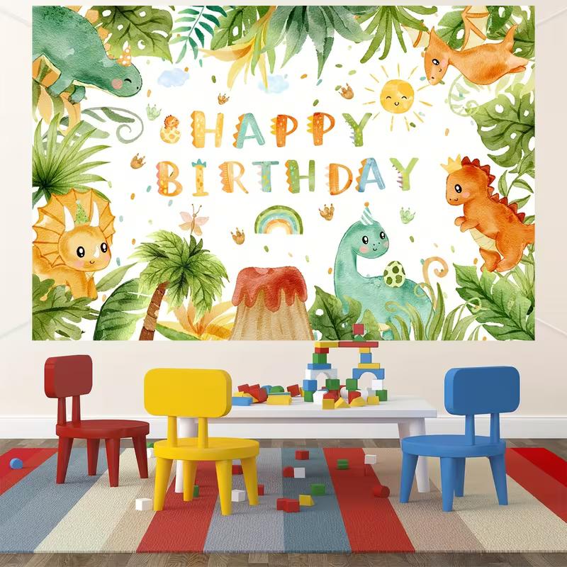 Cute Watercolor Dino Birthday Backdrop, Kids Birthday Photography Background Cloth with Jungle Plants & Volcano