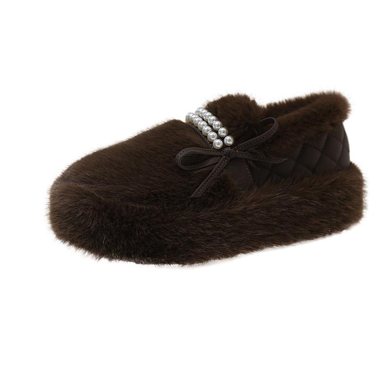 Plush Thick-soled Fluffy Shoes for Women's Outer Wear 2025 New Winter Pearl Bow Small Fragrant Soft-soled Cotton Shoes