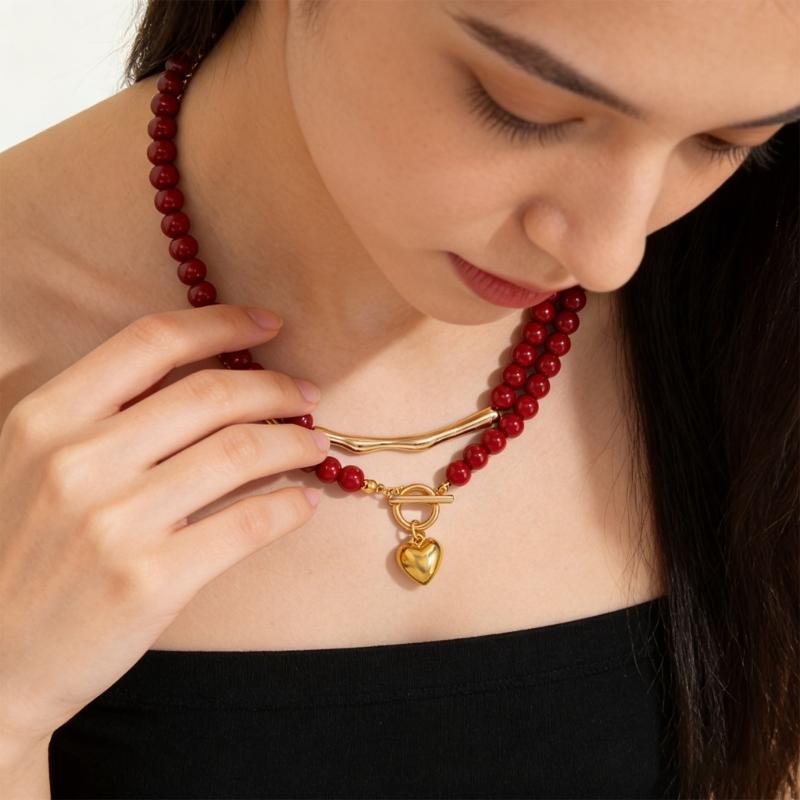 Pack of 2 Love Heart Pendant and OT Buckles Neckchain Red Acrylic Beads Chokers Necklaces for Women Jewelry Unique Gift