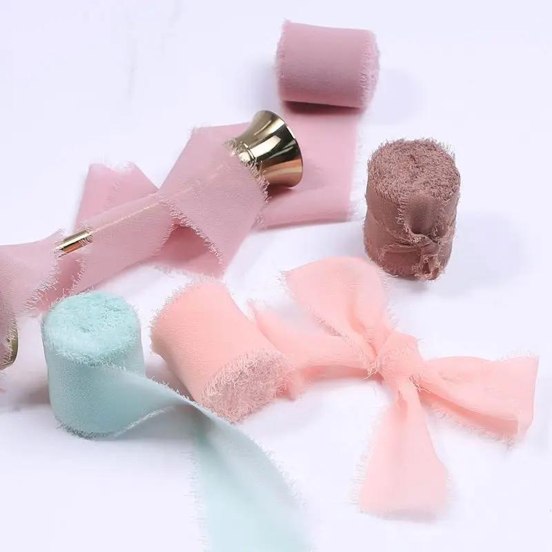 4CM*5M Handmade Frayed Edged Satin Chiffon Silk Ribbon For Wedding Invitation Wrapping Bouquets Birthday Party Decorations Gifts