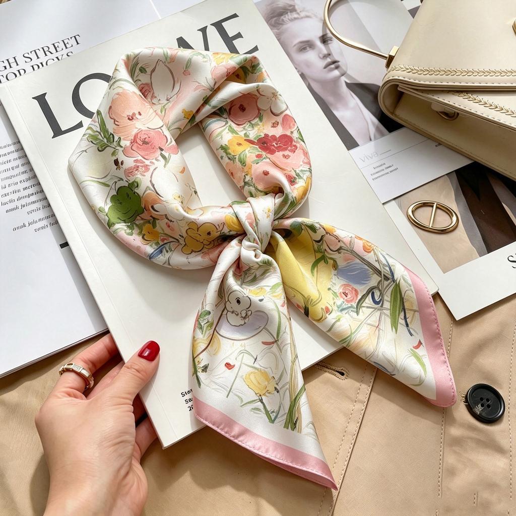 Autumn and winter Maillard cashew square scarf silk scarf women's shirt versatile neck small scarf tied hair decorative scarf
