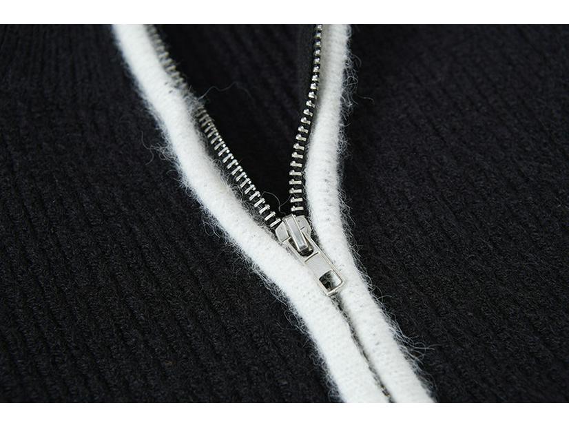 Unisex Herbst/Winter Steinfarbener Reißverschluss-Strickjacke: Stehkragen, Abzeichen-Detail, Colorblock-Strickpullover