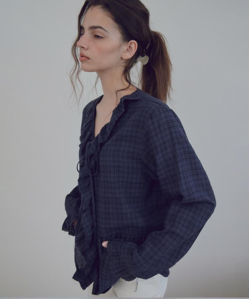 CITTA Ruffle Check Shirring Blouse_Ctt3045(Navy)