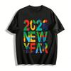 2026 New Year Color Block Letter Print Casual Loose Top For Men Women Pure Cotton T-shirt