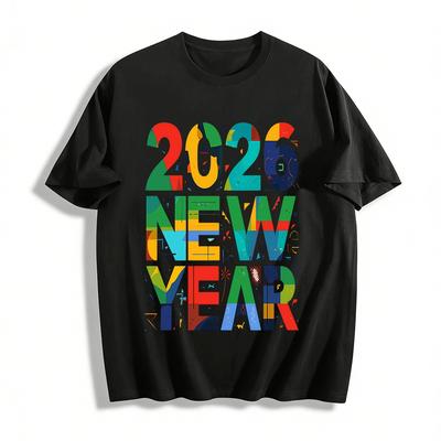 2026 New Year Color Block Letter Print Casual Loose Top For Men Women Pure Cotton T-shirt