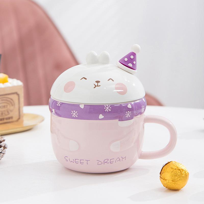 High-Value Breakfast Water Cup Cute Cartoon Rabbit Ceramic Cup With Lid Spoon Girl Student Mug Creativity