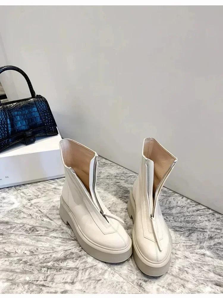 Female 2025 Autumn/Winter Front Zipper Leather Thick Sole Ankle Boots British Style Thick Heel Fashion Plush Women's Short Boot