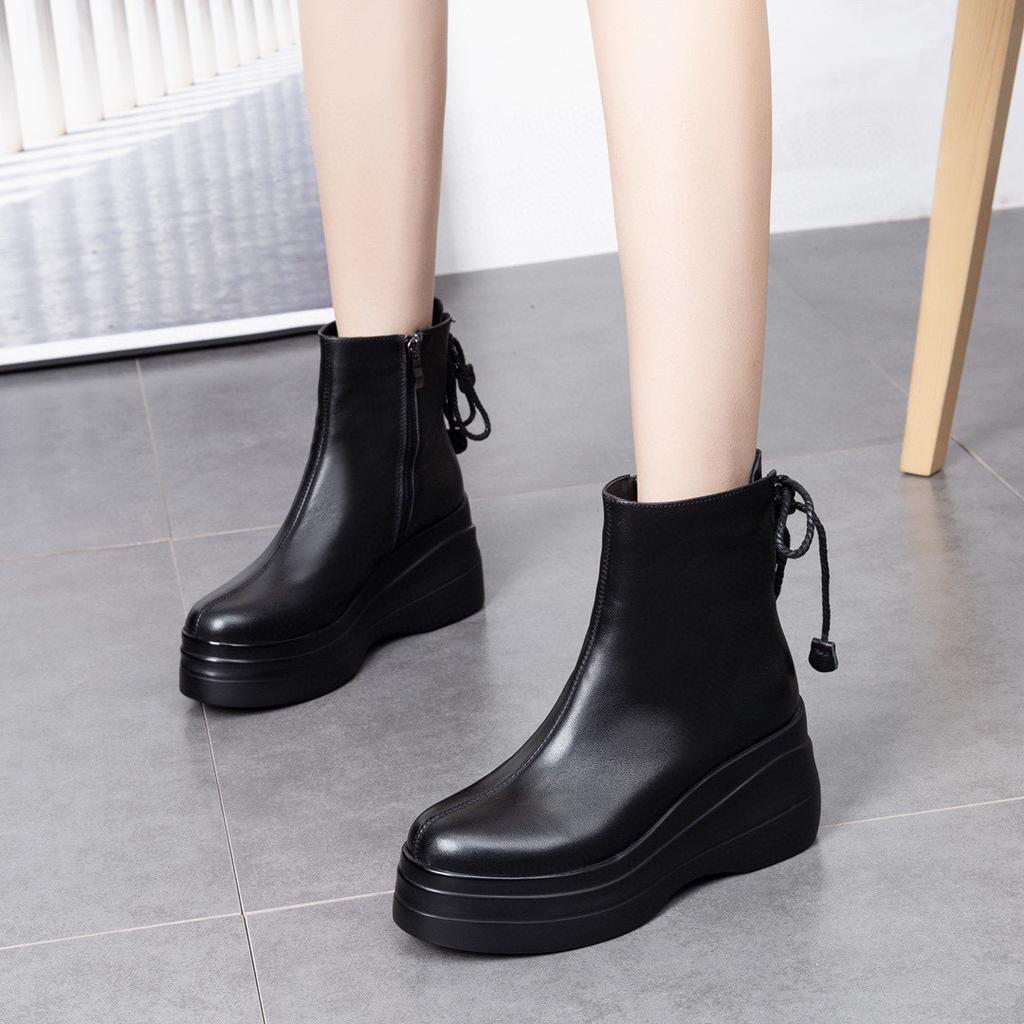 Leather boots women's autumn and winter new thick-soled muffin and waterproof countertop side zipper short boots black women's boots