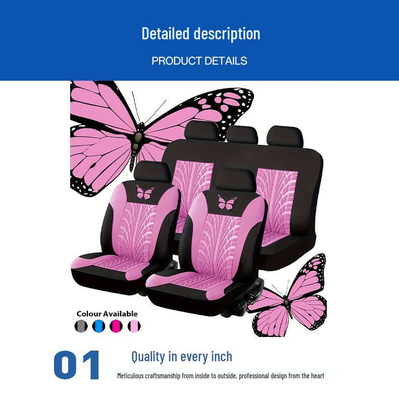 Butterfly Fabric Car Seat Cover Set, Universal Fit, Heat Transfer Design, 5 Seats, 9 Pieces, for Middle East, Europe & America.